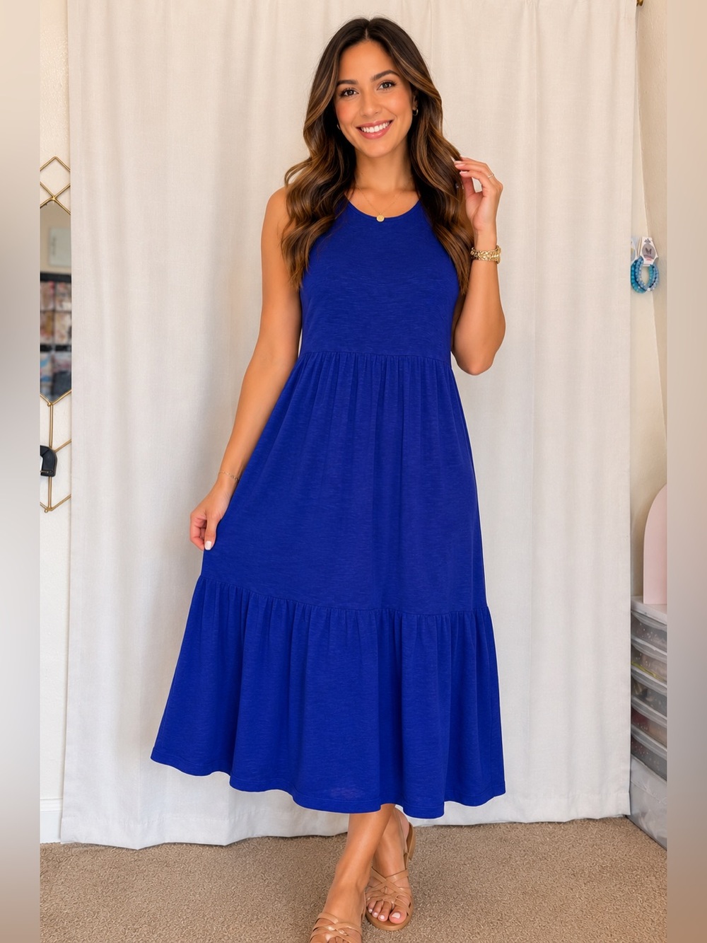 Eileen Fisher Royal Blue Sleeveless Tiered Midi Dress